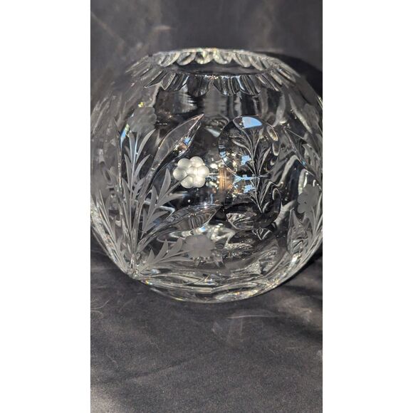 Vintage Polish Crystal Rose Bowl Vase Hand-Cut & Acid-Etched Floral Design 1980s - Picture 1 of 6